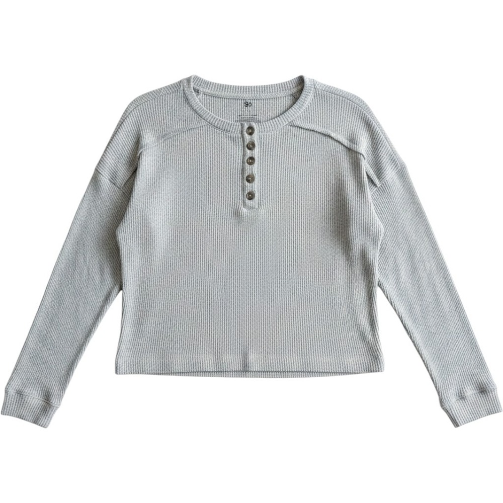 SO Henley Top Womens L Grey Excellent Waffle Knit Long Sleeve Button Up Casual